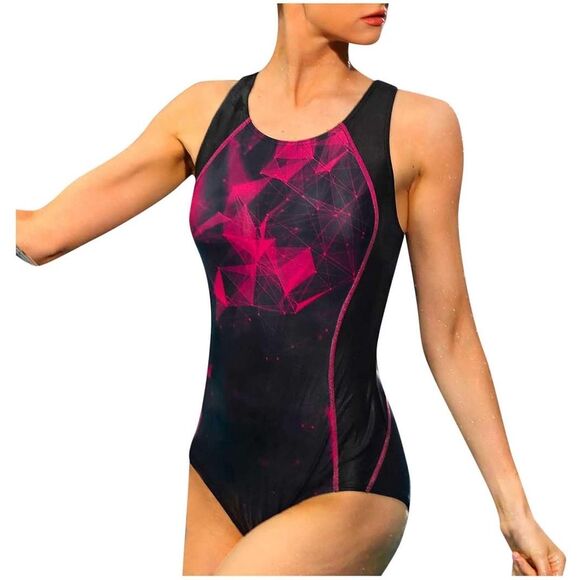 New Athletic High Waisted One Piece swimsuit Hot pink & black Galactic Design S - Picture 3 of 10